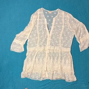 Sundance Light cream Sheer Embroidered Blouse with Ivory Trim